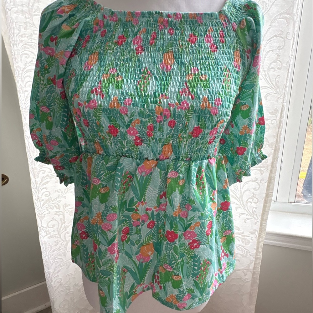 Michelle McDowell Green Floral Smocked Blouse